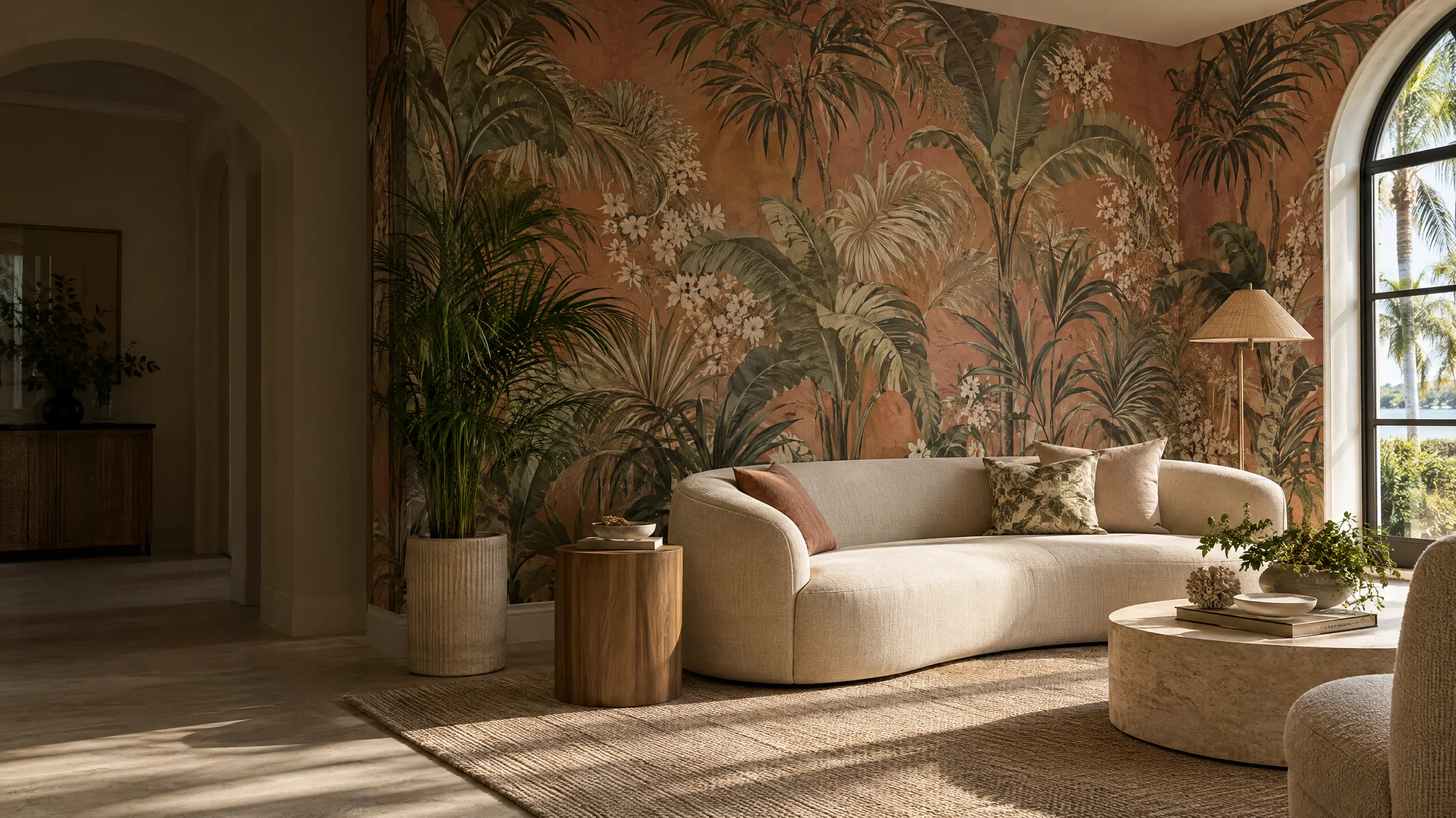 Botanical wallpaper in a softly lit living room