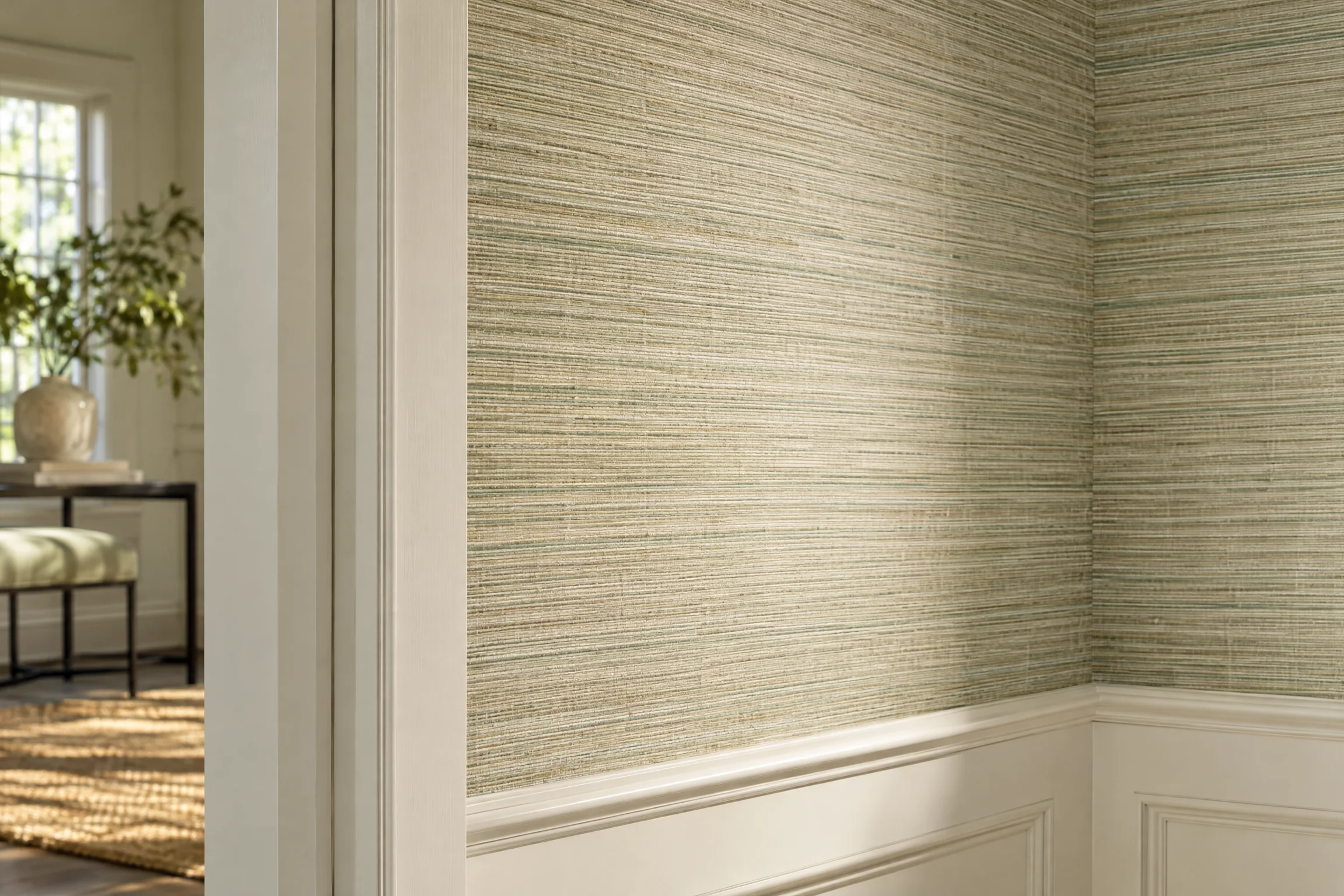 Close view of a textured wallcovering meeting a clean trim edge